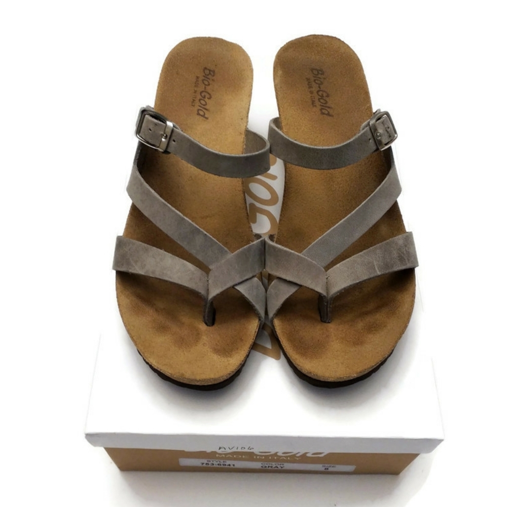 Bio-Gold Gray Strappy Leather Between Toe Style Cork Wedge Sandal Womens 8